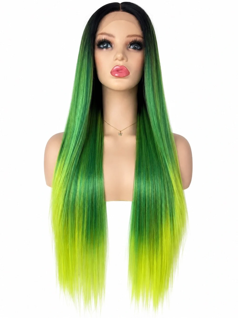Vibrant Green Ombre Long Straight Women’s Wig middle part 26 inches long